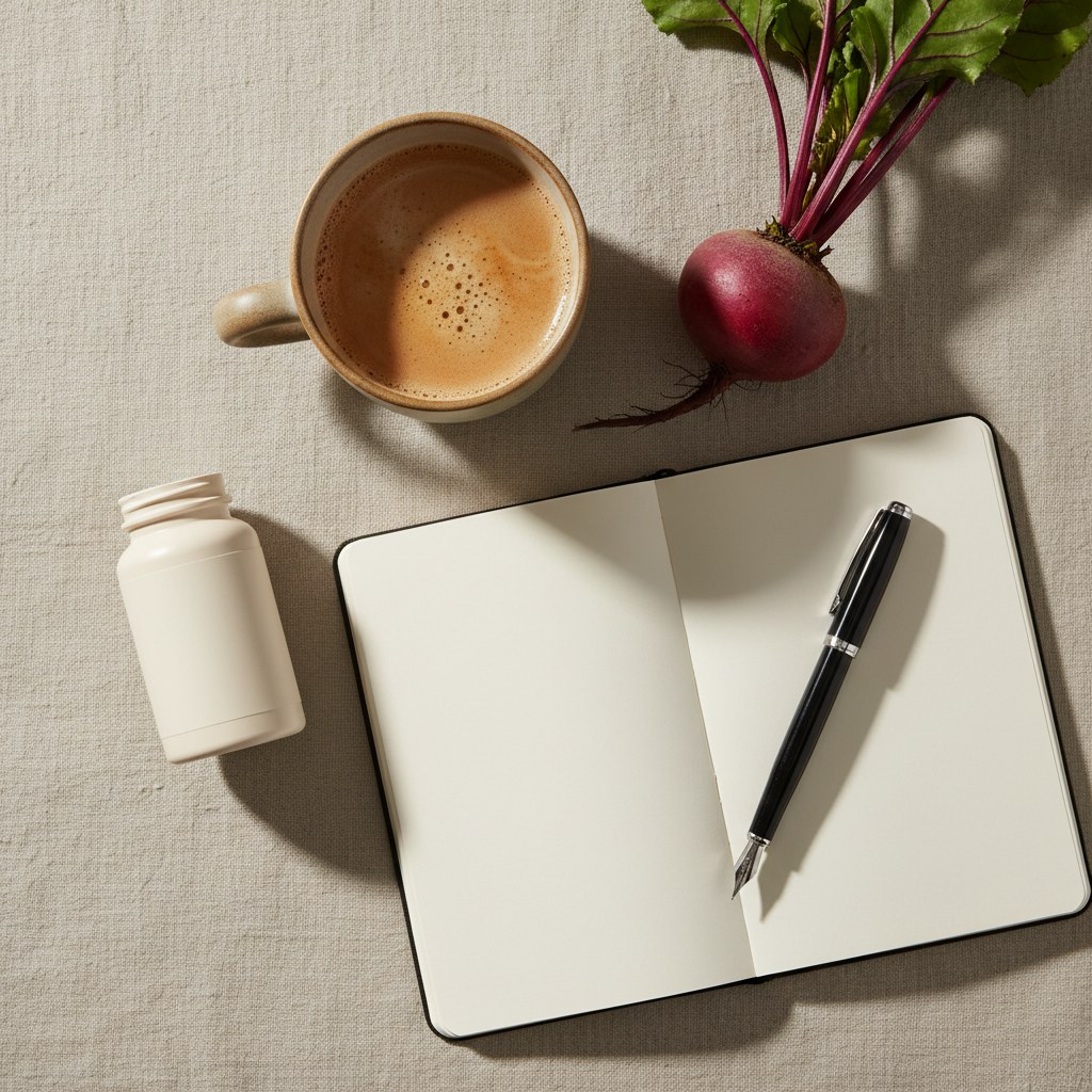 Capsule bottle, notebook, coffee, and a fresh beet on a quiet morning workspace